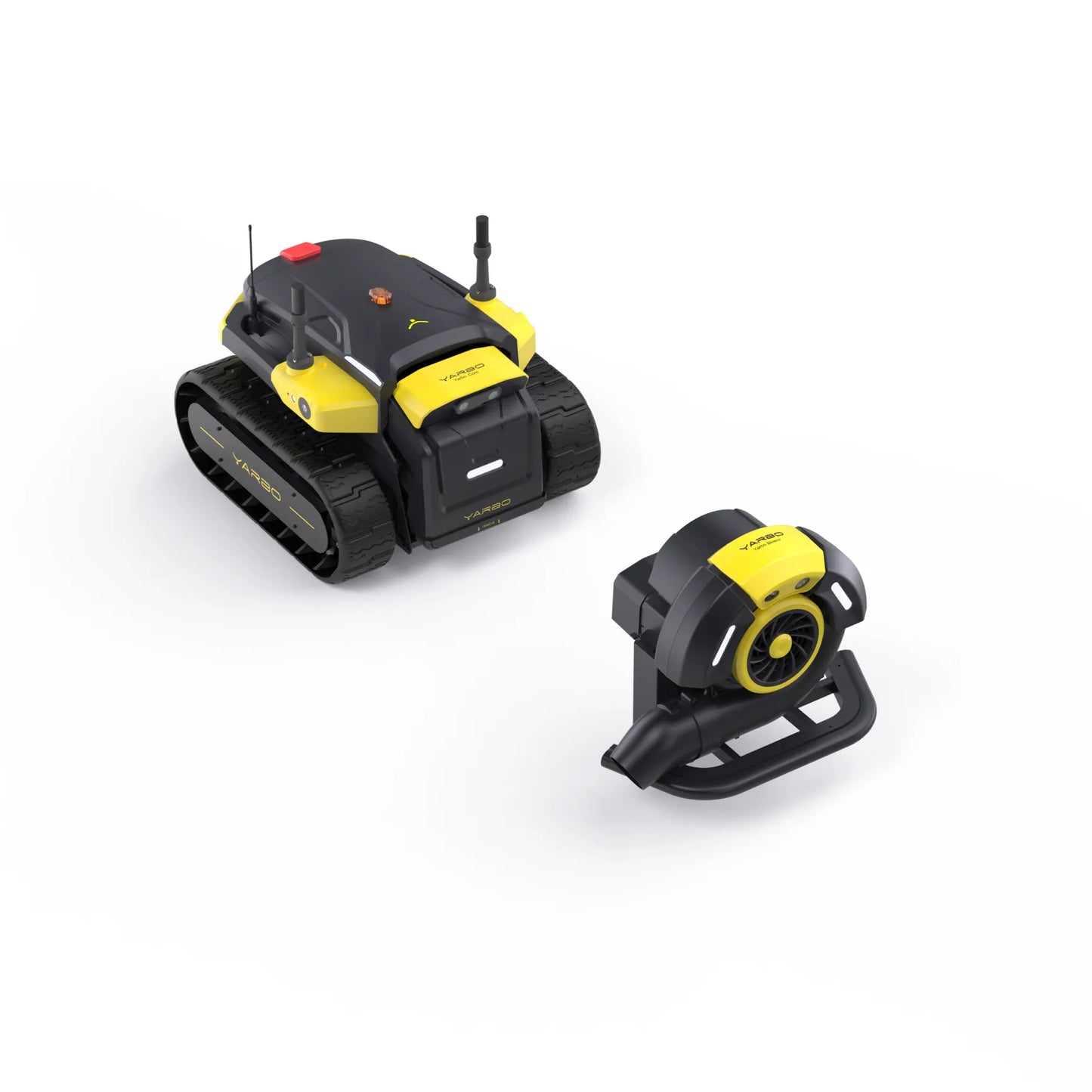 Black and yellow robotic lawn blower by Yarbo with tracked base and detachable blower attachment, shown in studio view
