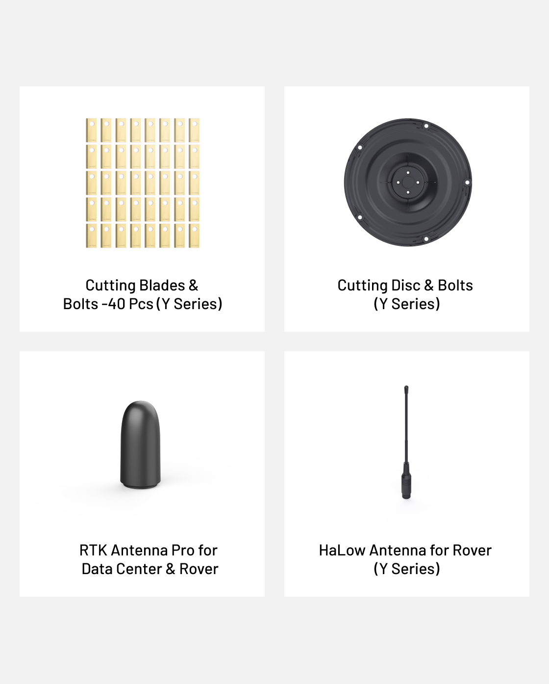 Lawn mower accessory kit by Yarbo featuring 40 cutting blades, black cutting disc, RTK antenna, and HaLow antenna for Y Series models