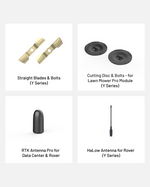 Lawn mower accessory kit by Yarbo featuring straight blades, cutting discs, RTK antenna, and HaLow antenna in black and metallic finishes, displayed in four-grid layout