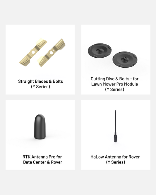 Lawn mower accessory kit by Yarbo featuring straight blades, cutting discs, RTK antenna, and HaLow antenna in black and metallic finishes, displayed in four-grid layout