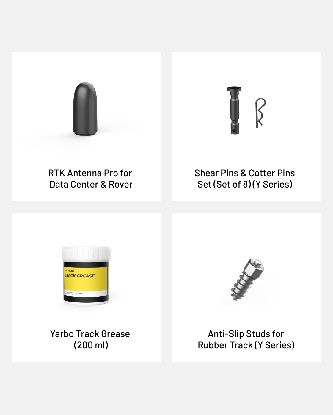 Snow blower accessory kit by Yarbo featuring shear pins, cotter pins, track grease, anti-slip studs, and RTK antenna, displayed in four product tiles.
