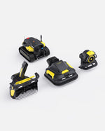 Black and yellow robotic lawn mower with snow blower and blower attachments by Yarbo, shown in overhead product view with modular components.