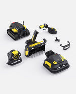 Black and yellow robotic lawn mower with snow blower, blower, and trimmer attachments by Yarbo, shown in overhead product layout