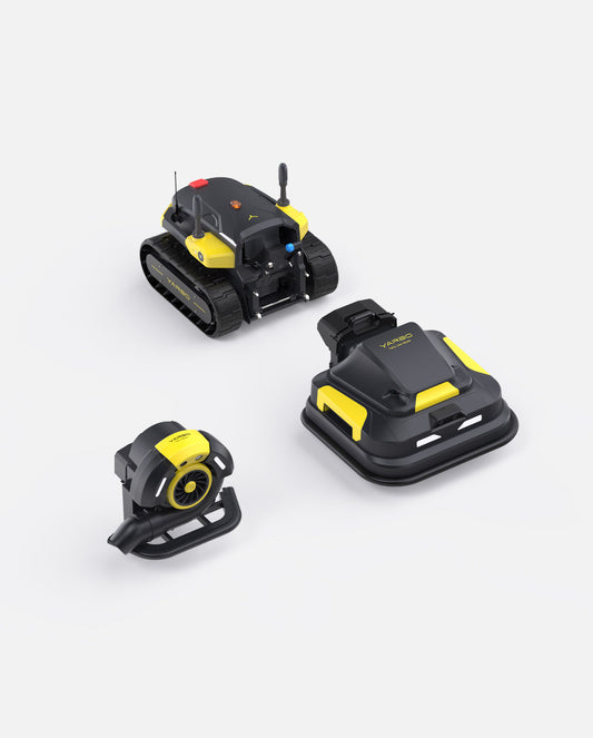 Black and yellow robotic lawn mower and blower set by Yarbo, featuring tracked and wheeled models with compact, modern design.