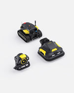 Black and yellow robotic lawn mower and blower set by Yarbo, featuring tracked and wheeled models with compact, modern design.