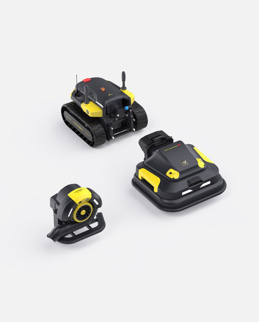 Black and yellow robotic lawn mower and blower set by Yarbo, featuring tracked and wheeled models with compact designs and visible control buttons, shown in studio product view.