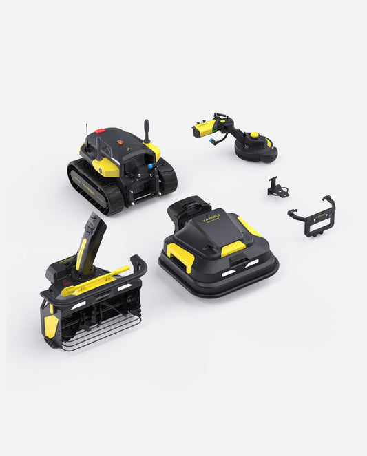 Black and yellow robotic lawn mower, snow blower, and trimmer package by Yarbo, shown with attachments and accessories in overhead view