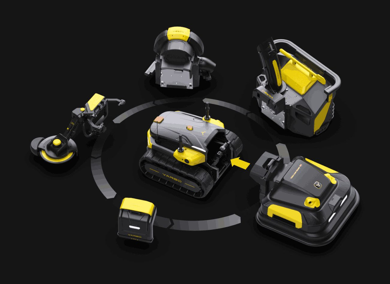 Yellow and black YARBO robotic tools arranged in a circle around a central tracked robot on a dark background.