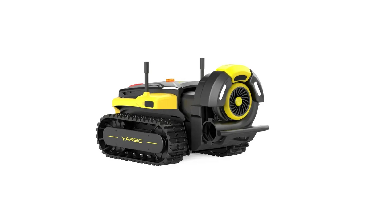 Yellow and black YARBO robotic lawn mower with tank tracks and side discharge, on white background.