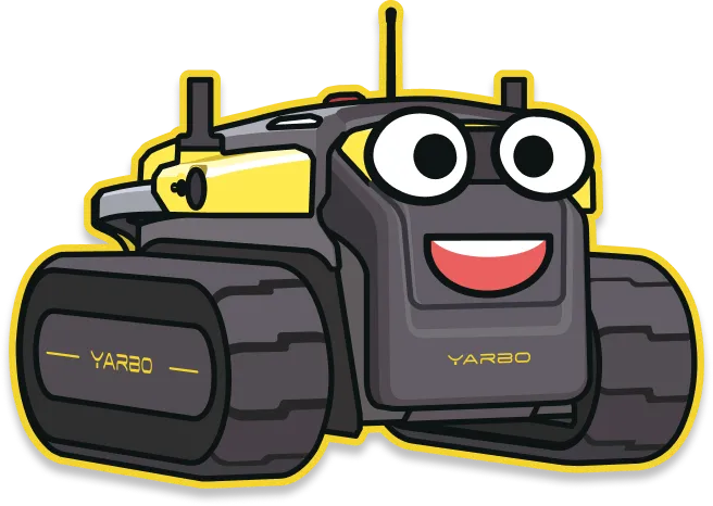Cartoon robot tank with big eyes and smile, gray and yellow, labeled "YARBO" on tracks and front, outlined in yellow.