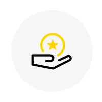 Black outline of an open hand holding a yellow coin with a star, centered on a light gray circle.