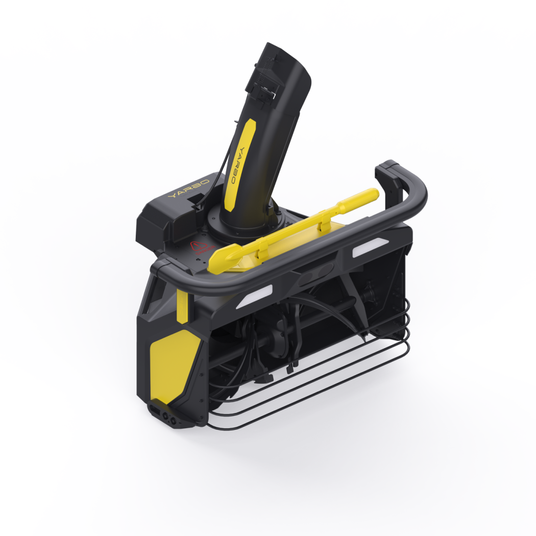 Black and yellow YARBO robotic lawn mower with handle and protective frame, studio shot on white background.