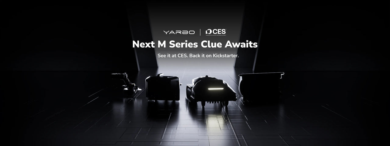 Dark hallway with silhouetted robots, central one glowing. Text: "YARBO | CES Next M Series Clue Awaits. See it at CES. Back it on Kickstarter."