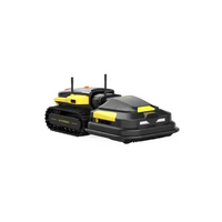 Black and yellow remote-controlled toy tank with tracks and antenna, positioned side by side on white background.