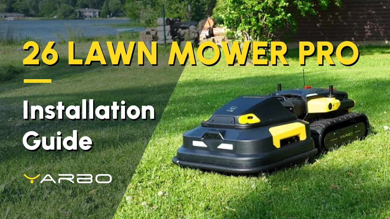 Black and yellow YARBO 26 Lawn Mower Pro on green grass with installation guide text overlay.
